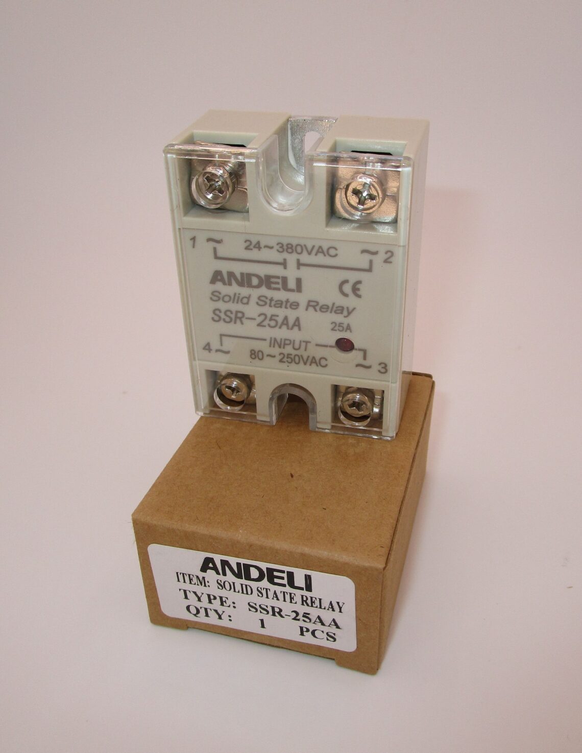 ANDELI SSR-25AA Solid State Relay 25A Load 24-380 VAC / Control 80-250VAC